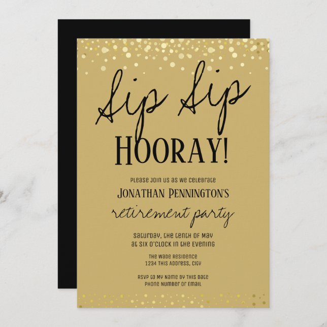 Invitation Sip Sip Hooray Elegant Gold Retraite Party Invit (Devant / Derrière)