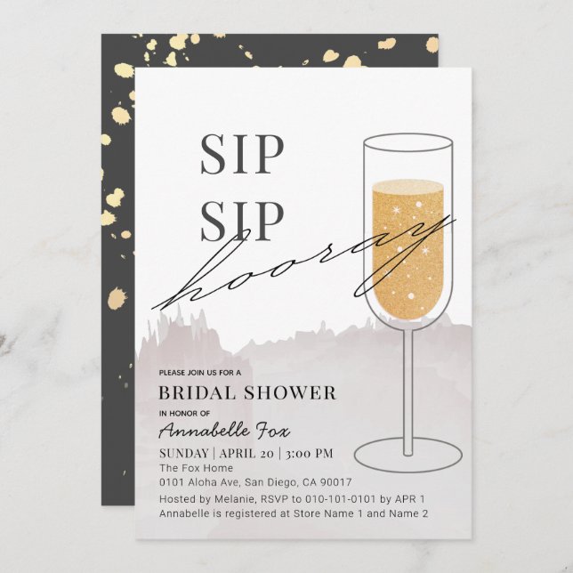 Invitation Sip Sip Hooray Gold Champagne Gris Fête des mariée (Devant / Derrière)