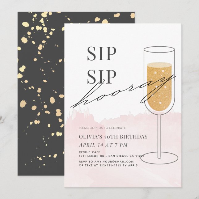 Invitation Sip Sip Hooray Gold Champagne Rose Anniversaire (Devant / Derrière)