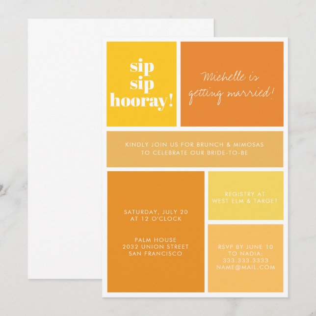Invitation Sip Sip Hooray Jaune Orange Bridal Brunch Douche (Devant / Derrière)