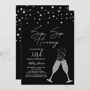 Invitation Sip Sip Hooray Moderne Noir & Blanc Citation Anniv