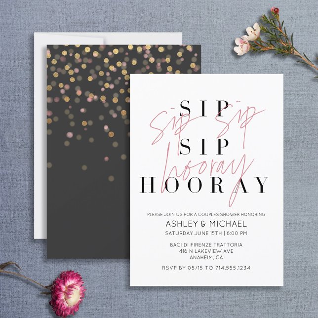 Invitation Sip Sip Hooray moderne noir blanc Fête des mariées (Créateur téléchargé)