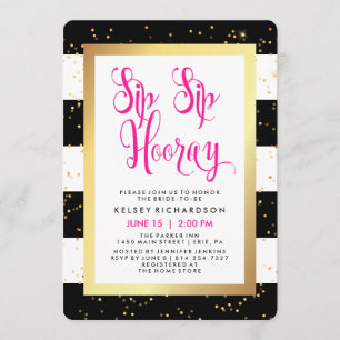 Invitation Sip Sip Hooray noir blanc et Fête des mariées or