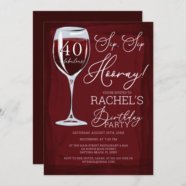 Invitation Sip Sip Hooray Red Wine Anniversaire (Devant / Derrière)