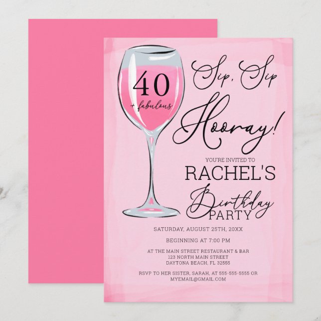 Invitation Sip Sip Hooray Vin Rose Anniversaire (Devant / Derrière)