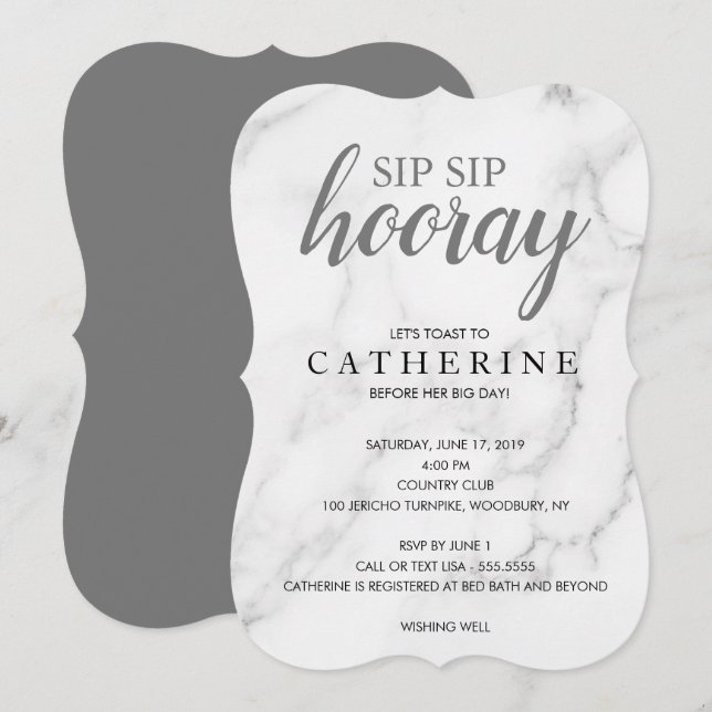 Invitation Sip Sip Hourra Marbre, Mariage Blanc & Noir (Devant / Derrière)