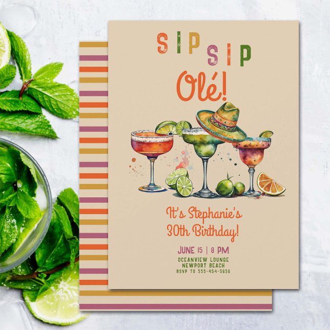 Invitation Sip Sip Margarita Fiesta colorée 30e anniversaire (fiesta party 30th birthday invitation women colorful margarita cocktails watercolor elegant classy )