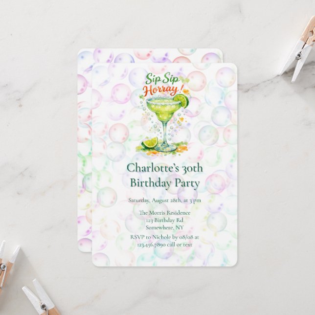Invitation Sip Sip Sip Horray Bubbles Birthday Party (Devant/Arrière en situation)
