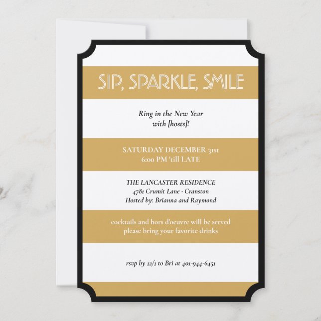 Invitation Sip Sparkle Smile Or Noir moderne fête du Nouvel A (Devant)