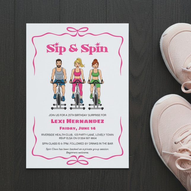 Invitation Sip & Spin 25th Birthday Surprise Fitness (Sip & Spin fun birthday invitation with spin class and after party)