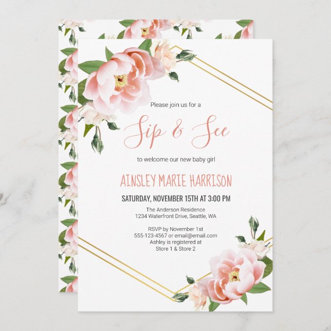 Invitation Sip & Voir Baby Girl Blush Floral Baby shower (Devant / Derrière)