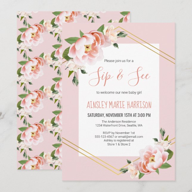 Invitation Sip & Voir Baby Girl Blush Floral Baby shower (Devant / Derrière)