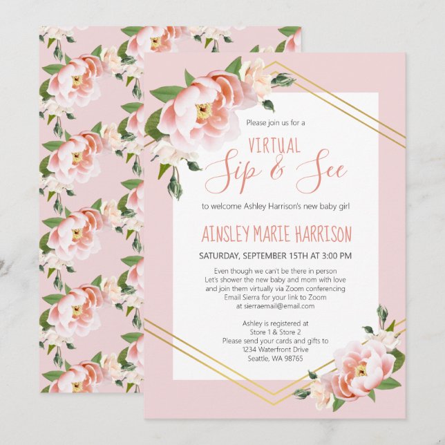 Invitation Sip & Voir Baby Girl Blush Pink Baby shower virtue (Devant / Derrière)