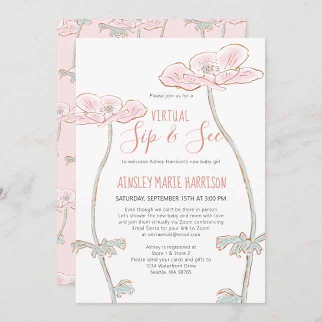 Invitation Sip & Voir Blush Pink Baby Girl Baby shower virtue (Devant / Derrière)
