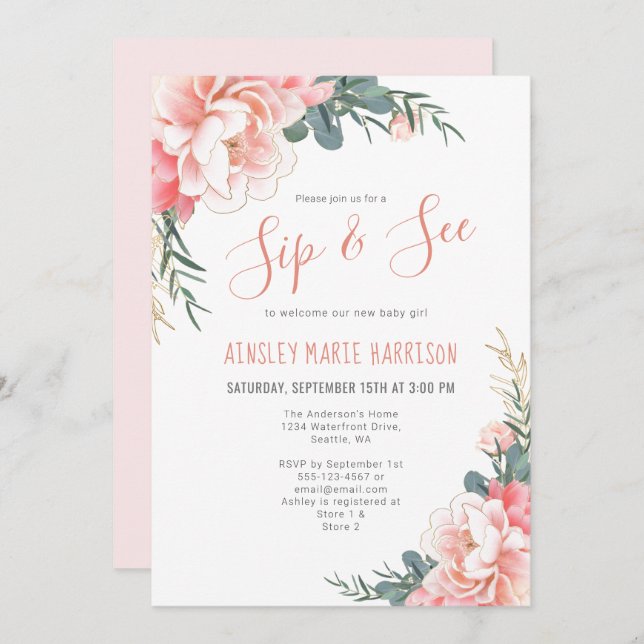 Invitation Sip & Voir Blush Pink Gold Floral Girl Baby shower (Devant / Derrière)