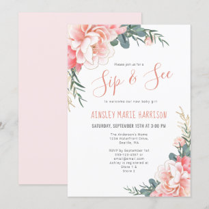Invitation Sip & Voir Blush Pink Gold Floral Girl Baby shower