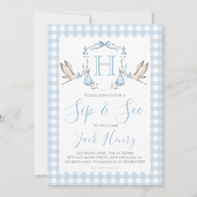 Invitation Sip & Voir Boy Stork Preppy Blue En vichy (Devant)