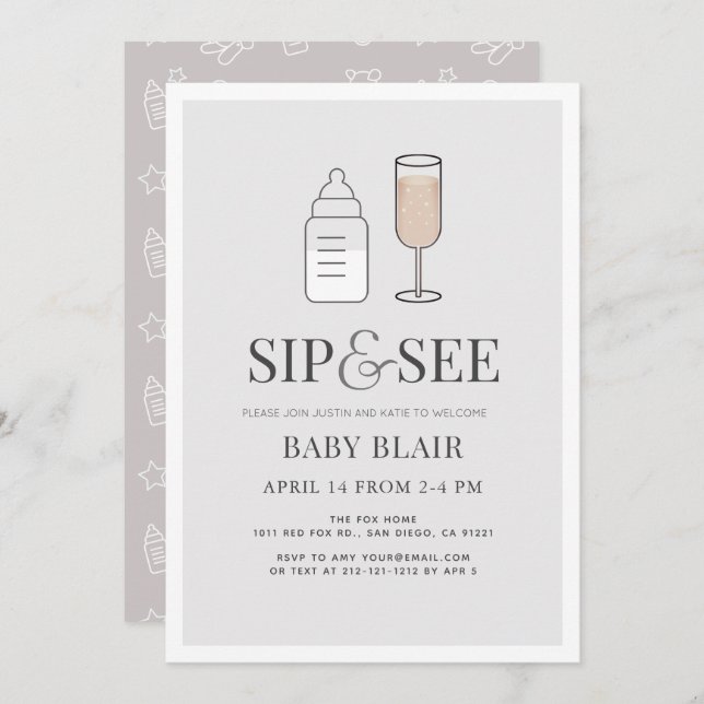Invitation Sip & Voir Champagne Bouteille Baby shower gris (Devant / Derrière)