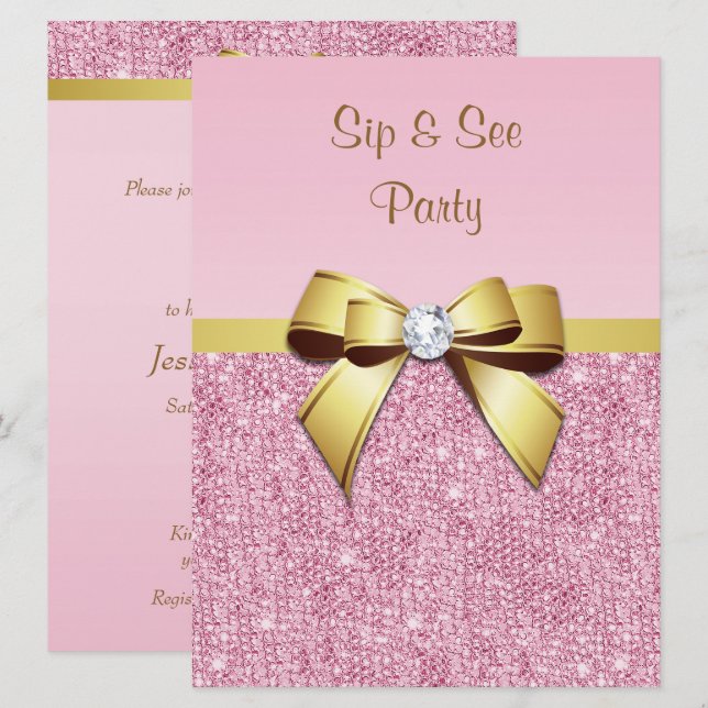 Invitation Sip & Voir Faux Pink Sequins Gold Bow (Devant / Derrière)