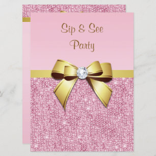 Invitation Sip & Voir Faux Pink Sequins Gold Bow