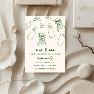 Invitation Sip & Voir la main Illustré Green Baby Boy