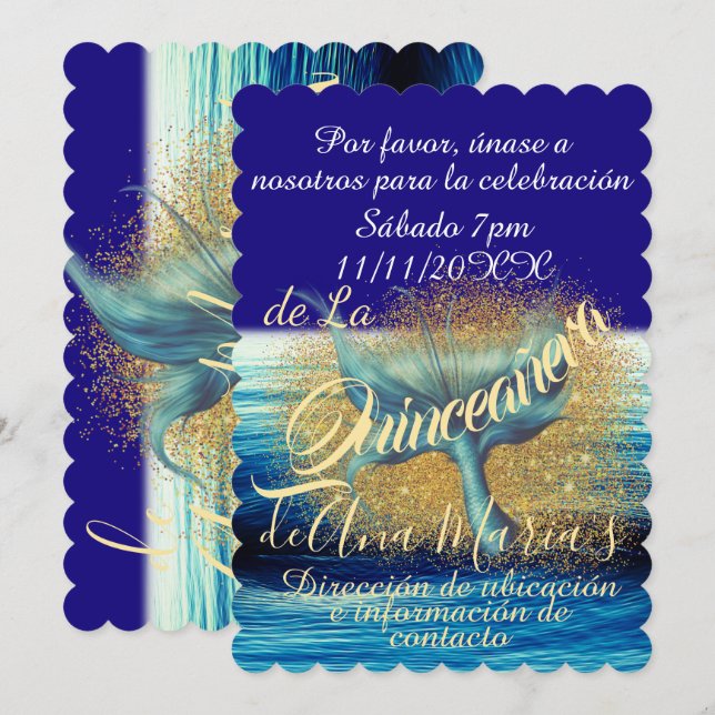 Invitation Sirena Cola Splash Sparkle Quinceañera Celebración (Devant / Derrière)
