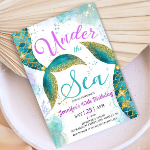 Invitation Sirène 10e anniversaire fille rose Turquoise sous 