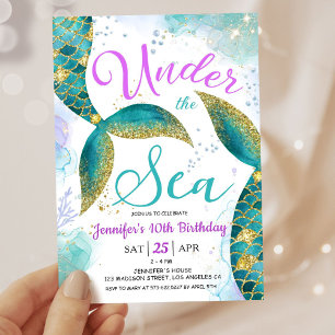 Invitation Sirène 10e anniversaire fille rose Turquoise sous