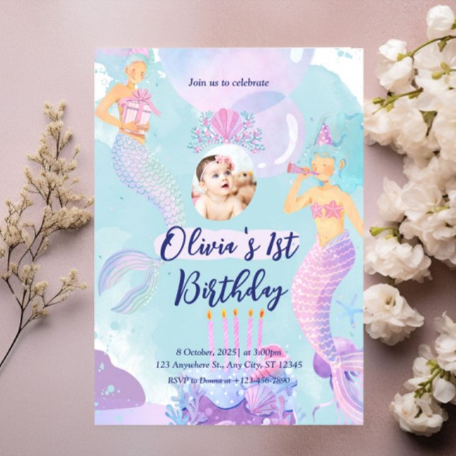 Invitation Sirène 1er Anniversaire Fête ONE der La Sirène de  (Créateur téléchargé)