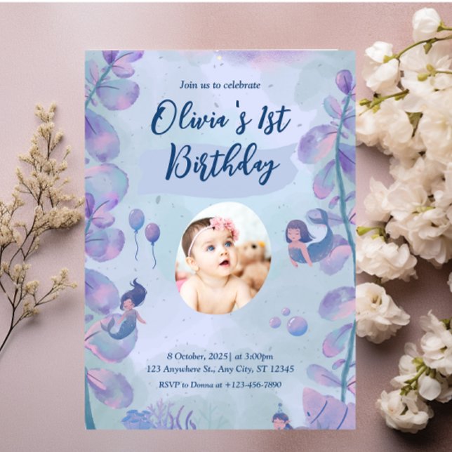 Invitation Sirène 1er Anniversaire Fête ONE der La Sirène de  (Créateur téléchargé)