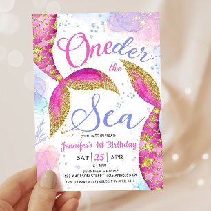 Invitation Sirène 1er anniversaire fille rose ONEder la mer