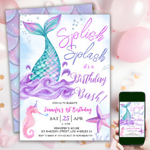 Invitation Sirène 1er anniversaire "Splish Splash" rose viole