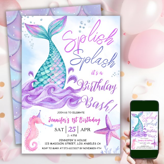Invitation Sirène 1er anniversaire "Splish Splash" rose viole (Créateur téléchargé)