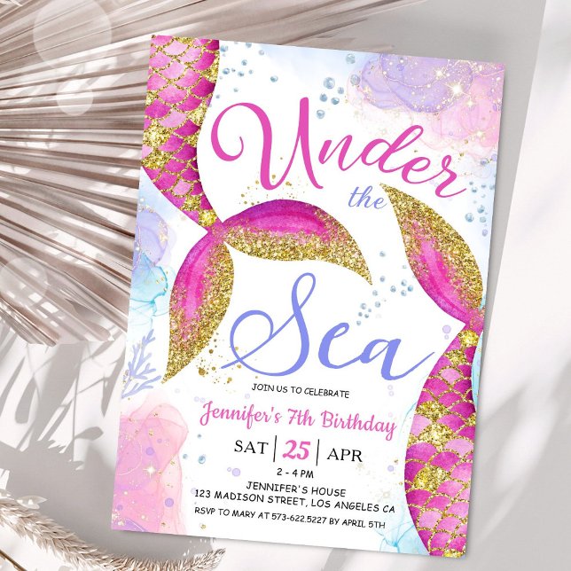Invitation Sirène 7e anniversaire fille rose sous la mer (Créateur téléchargé)
