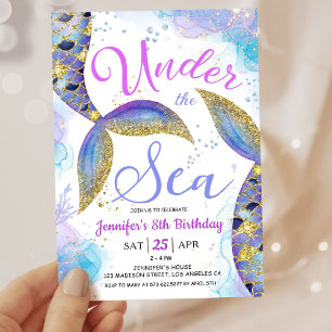 Invitation Sirène 8e anniversaire Fille Rose Sous la mer