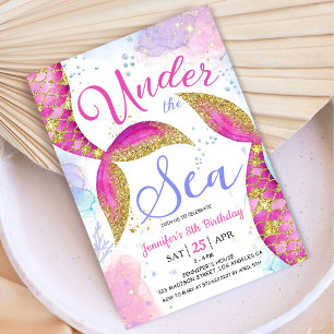 Invitation Sirène 8e anniversaire fille rose sous la mer