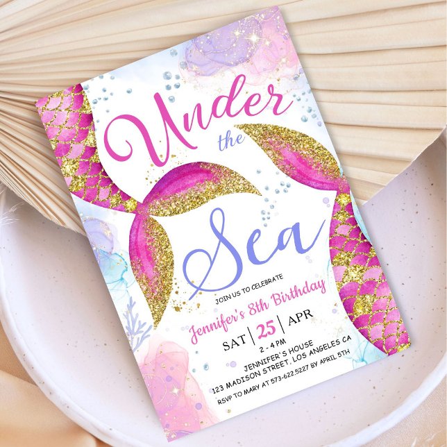 Invitation Sirène 8e anniversaire fille rose sous la mer (Créateur téléchargé)