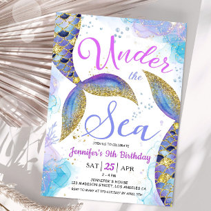 Invitation Sirène 9e anniversaire fille rose sous la mer