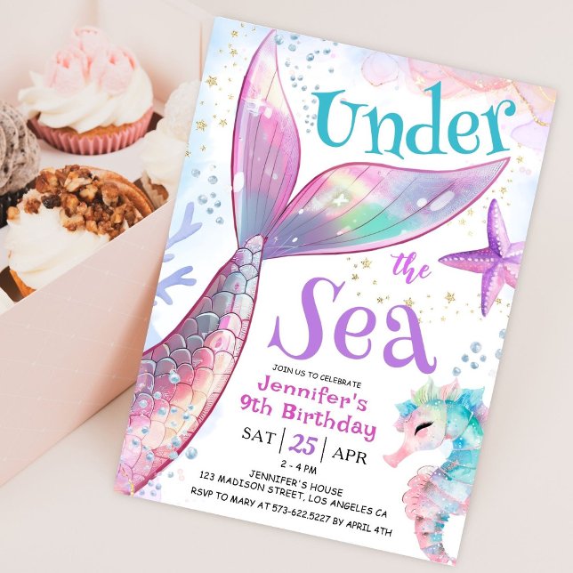 Invitation Sirène 9e anniversaire sous la mer rose pourpre (Créateur téléchargé)