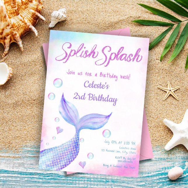Invitation Sirène aquarelle fantaisiste reflets pailletés écl (Create mer-mazing memories with our customizable 'Splish Splash' invitation!)