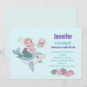 Invitation Sirène chevauchant un dauphin sous la mer Annivers