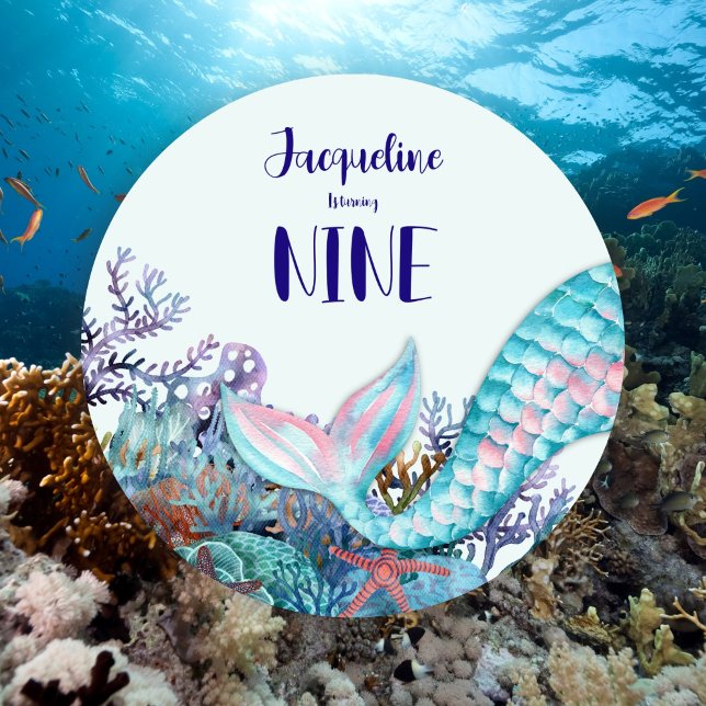 Invitation Sirène d'aquarelle 9e anniversaire sous la mer (Créateur téléchargé)