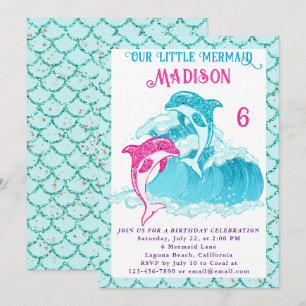 Invitation Sirène Dauphin Bleu Mer Océan Aqua Fête d'annivers