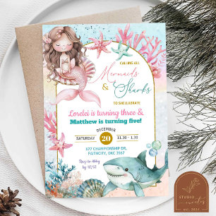 Invitation Sirène de mer rose et requin conjointe fille anniv