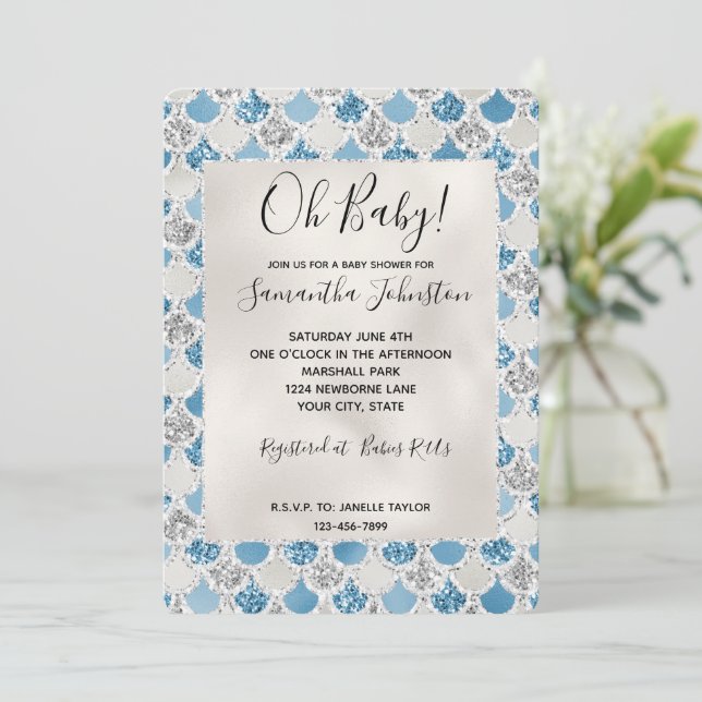 Invitation Sirène de Parties scintillant en argent Turquoise  (Debout devant)