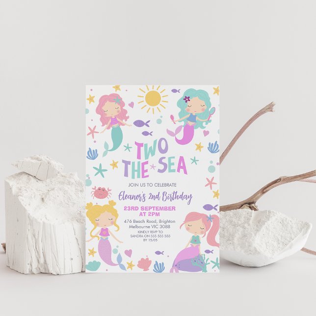 Invitation Sirène de Sage Violet Deux La Mer 2e Anniversaire (Two the Sea Mermaids invitation, Mermaids and Sea, Ocean Life Girls 2nd Birthday Invitation,)