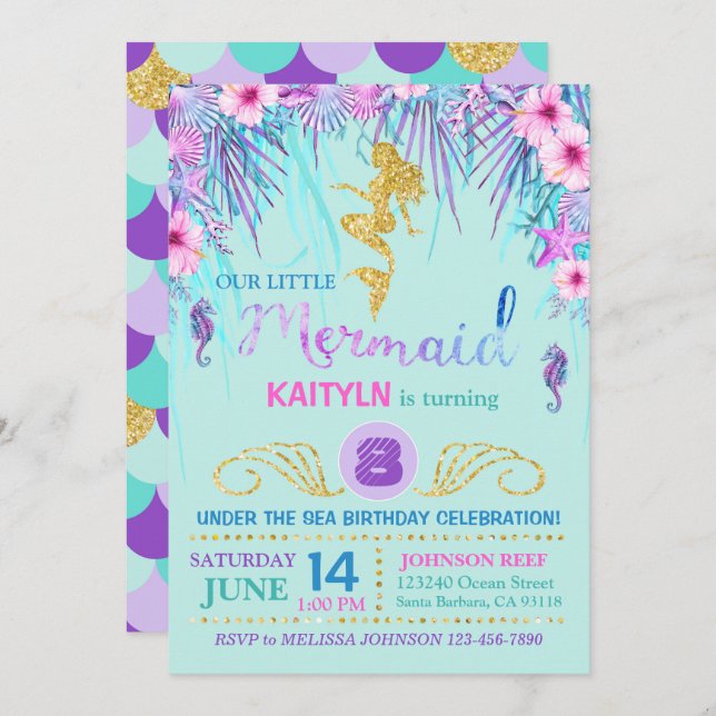 Invitation Sirène d'étincelle sous l'anniversaire de mer (Devant / Derrière)