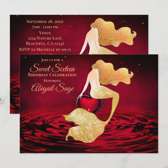Invitation Sirène d'or au coeur rouge doux 16 Anniversaire (Devant / Derrière)