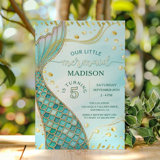 Invitation Sirène D'Or Sous La Fête D'Anniversaire De Fille D (Gold Mermaid Under the sea girl birthday party invitation)