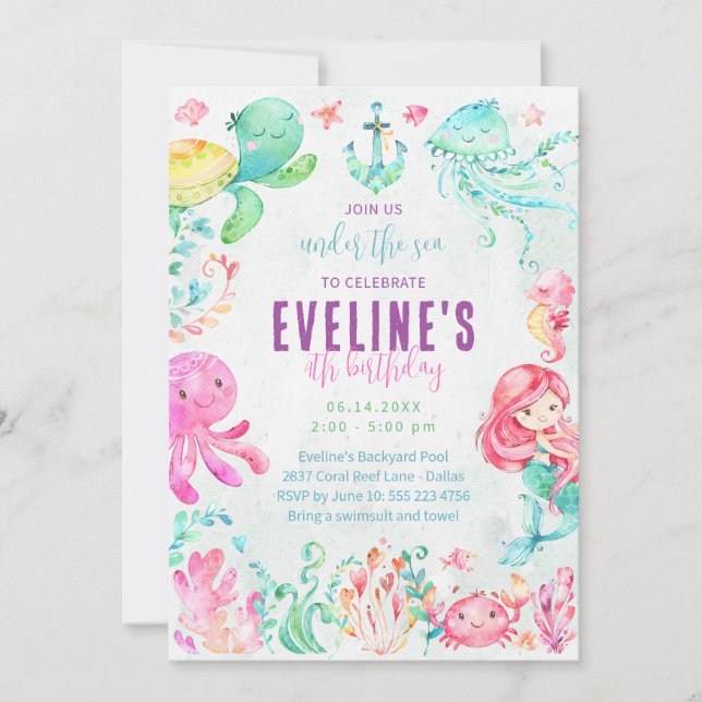 Invitation Sirène et Amis Sous l'Océan (Devant)